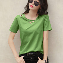 Load image into Gallery viewer, Korean Style Women Casual T-shirt Summer V-neck Short Sleeve Shirts All-mactch Basic Tops Solid White Black Shirts
