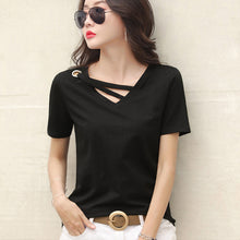 Load image into Gallery viewer, Korean Style Women Casual T-shirt Summer V-neck Short Sleeve Shirts All-mactch Basic Tops Solid White Black Shirts
