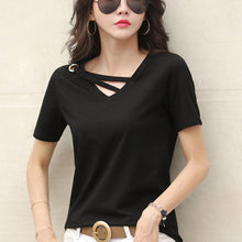 Load image into Gallery viewer, Korean Style Women Casual T-shirt Summer V-neck Short Sleeve Shirts All-mactch Basic Tops Solid White Black Shirts

