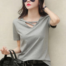 Load image into Gallery viewer, Korean Style Women Casual T-shirt Summer V-neck Short Sleeve Shirts All-mactch Basic Tops Solid White Black Shirts
