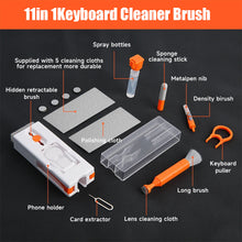 Load image into Gallery viewer, 11-in-1 Computer Cleaning Kit Bluetooth Earphone Cleaner Pen Keyborad Camera Brush Sim Card Ejector Keycap Puller Phone Holder

