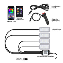Load image into Gallery viewer, 4Pcs/Set 12V 5V USB LED Car Interior Atmosphere Backlight Ambient Mood Foot Light With Cigarette USB Lighter Decorative APP Remote Control Lamp Auto Accessories
