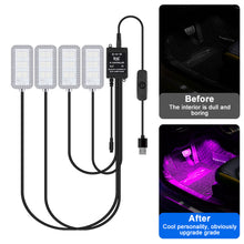 Load image into Gallery viewer, 4Pcs/Set 12V 5V USB LED Car Interior Atmosphere Backlight Ambient Mood Foot Light With Cigarette USB Lighter Decorative APP Remote Control Lamp Auto Accessories
