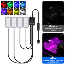 Load image into Gallery viewer, 4Pcs/Set 12V 5V USB LED Car Interior Atmosphere Backlight Ambient Mood Foot Light With Cigarette USB Lighter Decorative APP Remote Control Lamp Auto Accessories
