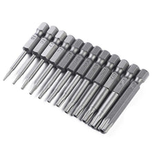 Load image into Gallery viewer, 12pcs 50mm 1/4" Hex Shank Hole Security Torx Bits Magnetic Screwdriver Set Drill Bit Screw Driver Bits Hex Torx Flat Head Hand Tools
