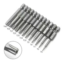 Load image into Gallery viewer, 12pcs 50mm 1/4" Hex Shank Hole Security Torx Bits Magnetic Screwdriver Set Drill Bit Screw Driver Bits Hex Torx Flat Head Hand Tools
