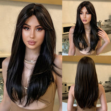 Load image into Gallery viewer, Women's Wig with Long Curly Hair White Gradient Black Synthetic Wig Straight Bangs Slightly Curled Tail Inner Buckle Wig Cover
