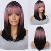 Load image into Gallery viewer, Women's Wig with Long Curly Hair White Gradient Black Synthetic Wig Straight Bangs Slightly Curled Tail Inner Buckle Wig Cover
