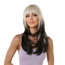 Load image into Gallery viewer, Women's Wig with Long Curly Hair White Gradient Black Synthetic Wig Straight Bangs Slightly Curled Tail Inner Buckle Wig Cover
