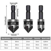 Load image into Gallery viewer, 3pcs Countersink Drill Bits Hex Shank 90 Degree Countersinking Drill Bits for Woodworking Chamfer Cutter Carbon Steel Drill Bit Set
