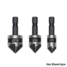 Load image into Gallery viewer, 3pcs Countersink Drill Bits Hex Shank 90 Degree Countersinking Drill Bits for Woodworking Chamfer Cutter Carbon Steel Drill Bit Set
