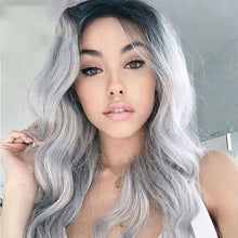 Load image into Gallery viewer, Fashion Female Long Curly Hair with Black and Gray Gradually Changing Color, Synthetic Fiber Long Hair with Large Waves Wig
