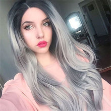 Load image into Gallery viewer, Fashion Female Long Curly Hair with Black and Gray Gradually Changing Color, Synthetic Fiber Long Hair with Large Waves Wig
