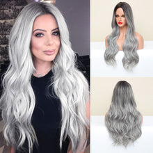 Load image into Gallery viewer, Fashion Female Long Curly Hair with Black and Gray Gradually Changing Color, Synthetic Fiber Long Hair with Large Waves Wig

