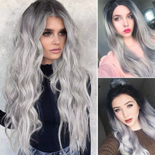 Load image into Gallery viewer, Fashion Female Long Curly Hair with Black and Gray Gradually Changing Color, Synthetic Fiber Long Hair with Large Waves Wig
