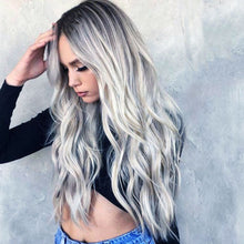 Load image into Gallery viewer, Fashion Female Long Curly Hair with Black and Gray Gradually Changing Color, Synthetic Fiber Long Hair with Large Waves Wig
