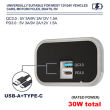 Load image into Gallery viewer, 12V/24V Car Motorcycle Charger USB Type-C PD3.0 USB3.0 Fast Charging Socket Charging RV Boat On Board
