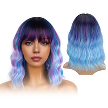 Load image into Gallery viewer, Water Ripple Short Curly Hair Wig, Women's High-temperature Silk Wig Full Set Blue Purple Mixed Dyeing Wig Cover
