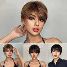 Load image into Gallery viewer, Synthetic Short Pixie Cut Dark Brown Wigs Natural Straight Layered Wig with Fluffy Bangs for Daily Women Heat Resistant Wig
