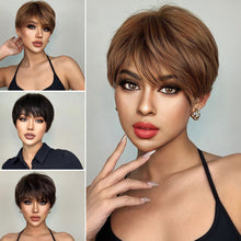 Load image into Gallery viewer, Synthetic Short Pixie Cut Dark Brown Wigs Natural Straight Layered Wig with Fluffy Bangs for Daily Women Heat Resistant Wig
