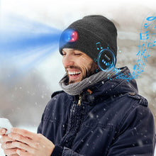 Load image into Gallery viewer, Wireless Bluetooth Headphone Knitted Cap With LED Lights Outdoor Night Run Lighting Warm USB Charging Red And Blue Warning Light Knitted Cap

