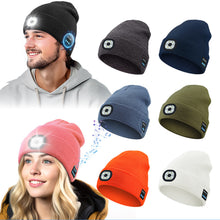Load image into Gallery viewer, Wireless Bluetooth Headphone Knitted Cap With LED Lights Outdoor Night Run Lighting Warm USB Charging Red And Blue Warning Light Knitted Cap
