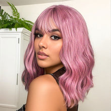 Load image into Gallery viewer, Women's Medium Length Wig Water Ripple Curly Wig Wigs with Bangs Female Pink Wig Heat Resistant Synthetic Hair Lolita Hair
