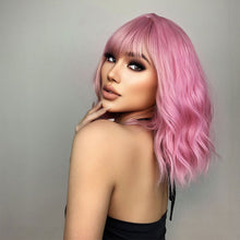 Load image into Gallery viewer, Women's Medium Length Wig Water Ripple Curly Wig Wigs with Bangs Female Pink Wig Heat Resistant Synthetic Hair Lolita Hair
