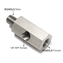 Load image into Gallery viewer, Stainless Steel 1/8"NPT Female To M14 Car Oil Pressure Sensor Connector Joint to NPT Tee Adapter Turbo Accessories Adapter
