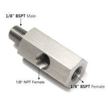 Load image into Gallery viewer, Car Accessories 1/8'' BSPT &amp; 1/8'' NPT Stainless Steel Oil Pressure Sensor Connector Joint to NPT Tee Adapter Turbo Adapter
