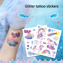 Load image into Gallery viewer, Waterproof Glitter Tattoo Sticker Cartoon Mermaid Unicorn Children Tattoo Sticker Cute Funny Body Art Tattoo
