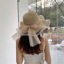 Load image into Gallery viewer, Summer Women Large Bow Straw Hat Portable Foldable Holiday Beach Sun Visors Hand Woven Solid Color Female Sunshade Bonnet Cap
