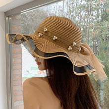 Load image into Gallery viewer, Summer Women Large Bow Straw Hat Portable Foldable Holiday Beach Sun Visors Hand Woven Solid Color Female Sunshade Bonnet Cap
