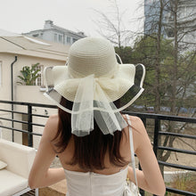 Load image into Gallery viewer, Summer Women Large Bow Straw Hat Portable Foldable Holiday Beach Sun Visors Hand Woven Solid Color Female Sunshade Bonnet Cap
