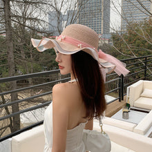 Load image into Gallery viewer, Summer Women Large Bow Straw Hat Portable Foldable Holiday Beach Sun Visors Hand Woven Solid Color Female Sunshade Bonnet Cap
