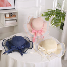 Load image into Gallery viewer, Summer Women Large Bow Straw Hat Portable Foldable Holiday Beach Sun Visors Hand Woven Solid Color Female Sunshade Bonnet Cap
