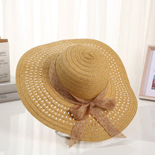 Load image into Gallery viewer, Summer Women Large Bow Straw Hat Portable Foldable Holiday Beach Sun Visors Hand Woven Solid Color Female Sunshade Bonnet Cap

