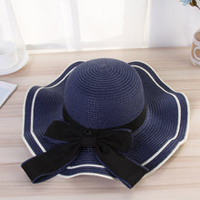 Load image into Gallery viewer, Summer Women Large Bow Straw Hat Portable Foldable Holiday Beach Sun Visors Hand Woven Solid Color Female Sunshade Bonnet Cap
