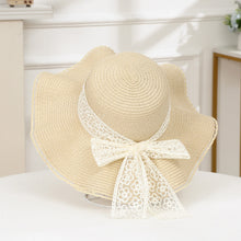 Load image into Gallery viewer, Summer Women Large Bow Straw Hat Portable Foldable Holiday Beach Sun Visors Hand Woven Solid Color Female Sunshade Bonnet Cap
