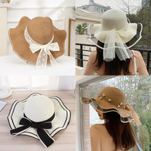 Load image into Gallery viewer, Summer Women Large Bow Straw Hat Portable Foldable Holiday Beach Sun Visors Hand Woven Solid Color Female Sunshade Bonnet Cap
