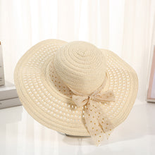 Load image into Gallery viewer, Summer Women Large Bow Straw Hat Portable Foldable Holiday Beach Sun Visors Hand Woven Solid Color Female Sunshade Bonnet Cap
