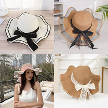 Load image into Gallery viewer, Summer Women Large Bow Straw Hat Portable Foldable Holiday Beach Sun Visors Hand Woven Solid Color Female Sunshade Bonnet Cap
