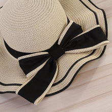 Load image into Gallery viewer, Summer Women Large Bow Straw Hat Portable Foldable Holiday Beach Sun Visors Hand Woven Solid Color Female Sunshade Bonnet Cap
