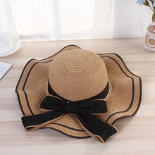 Load image into Gallery viewer, Summer Women Large Bow Straw Hat Portable Foldable Holiday Beach Sun Visors Hand Woven Solid Color Female Sunshade Bonnet Cap
