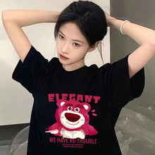 Load image into Gallery viewer, Ice Silk Trend T-shirt Loose Strawberry Bear Print Round Neck Short-sleeved Comfortable Street Clothes T-shirt for Women and Men
