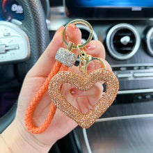 Load image into Gallery viewer, Car Hollow Love Out Ceramic Clay Full Diamond Key Chain Leather Rope Sticking Water Diamond Key Pendant Simple
