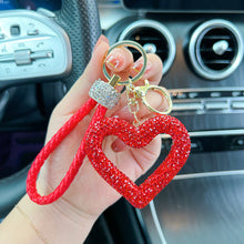 Load image into Gallery viewer, Car Hollow Love Out Ceramic Clay Full Diamond Key Chain Leather Rope Sticking Water Diamond Key Pendant Simple
