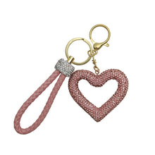 Load image into Gallery viewer, Car Hollow Love Out Ceramic Clay Full Diamond Key Chain Leather Rope Sticking Water Diamond Key Pendant Simple
