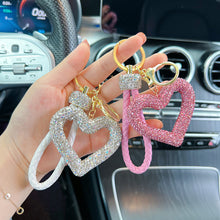Load image into Gallery viewer, Car Hollow Love Out Ceramic Clay Full Diamond Key Chain Leather Rope Sticking Water Diamond Key Pendant Simple
