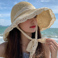 Load image into Gallery viewer, Korean Summer Women Lace Hollow Straw Hat Portable Foldable Holiday Beach Outing Sun-proof Solid Color Female Sunshade Bonnet Cap
